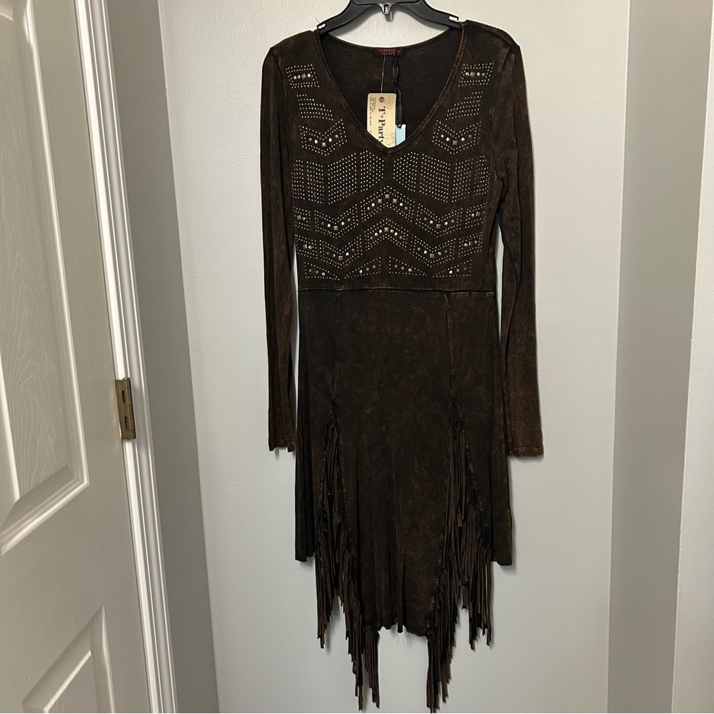 T Party Beaded Embroidered Fringe Mini Dress Mineral Wash Womens M Western Rodeo - Picture 5 of 16